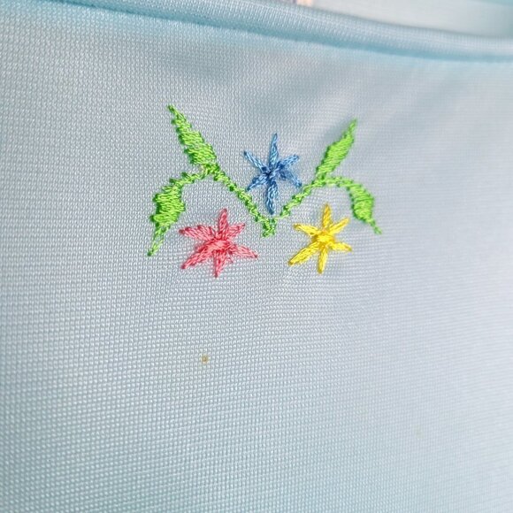 Vintage 70s 80s Light Blue Floral Embroidered Nylon Nightgown Leony's - Picture 7 of 9